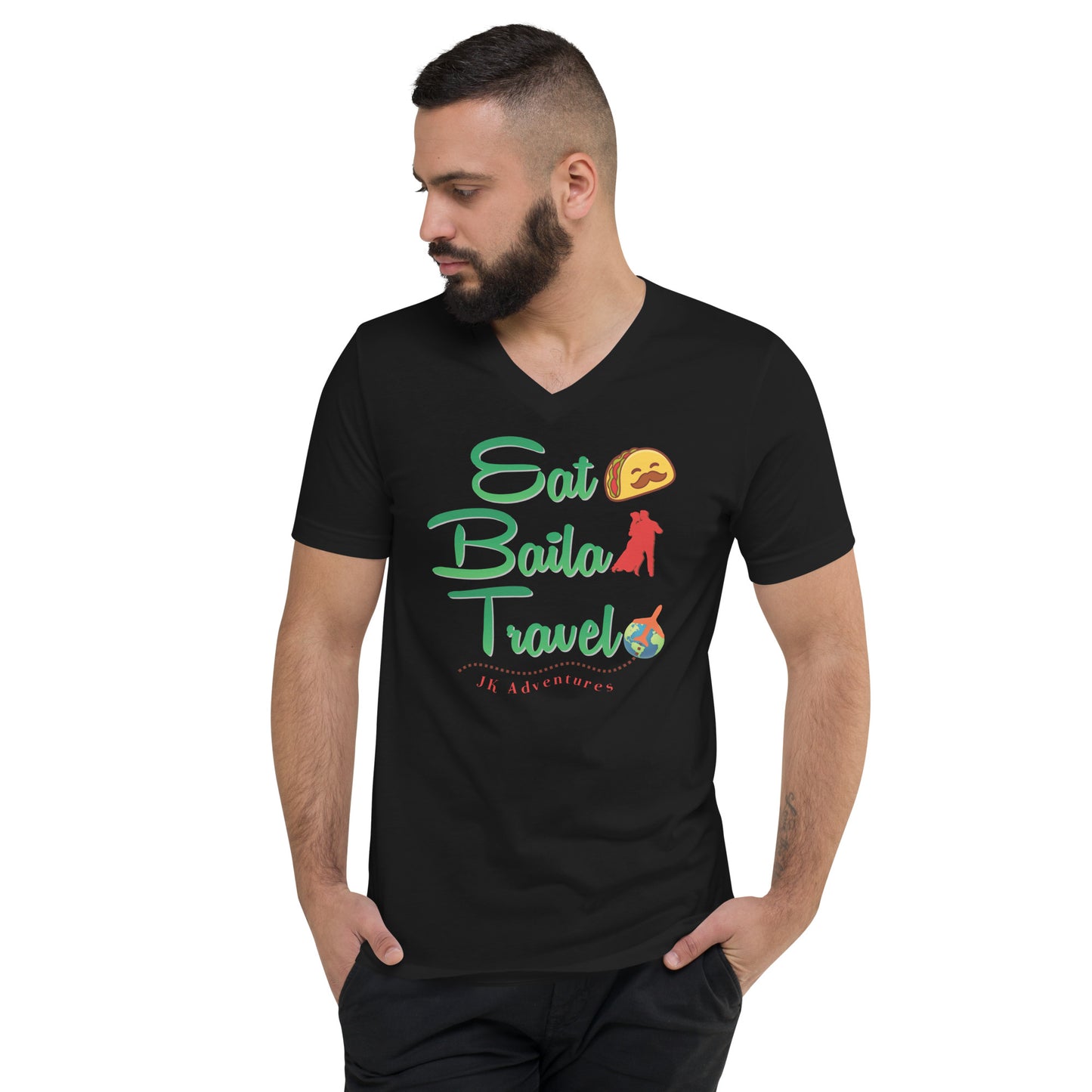 Eat Baila Travel V-Neck T-Shirt Unisex