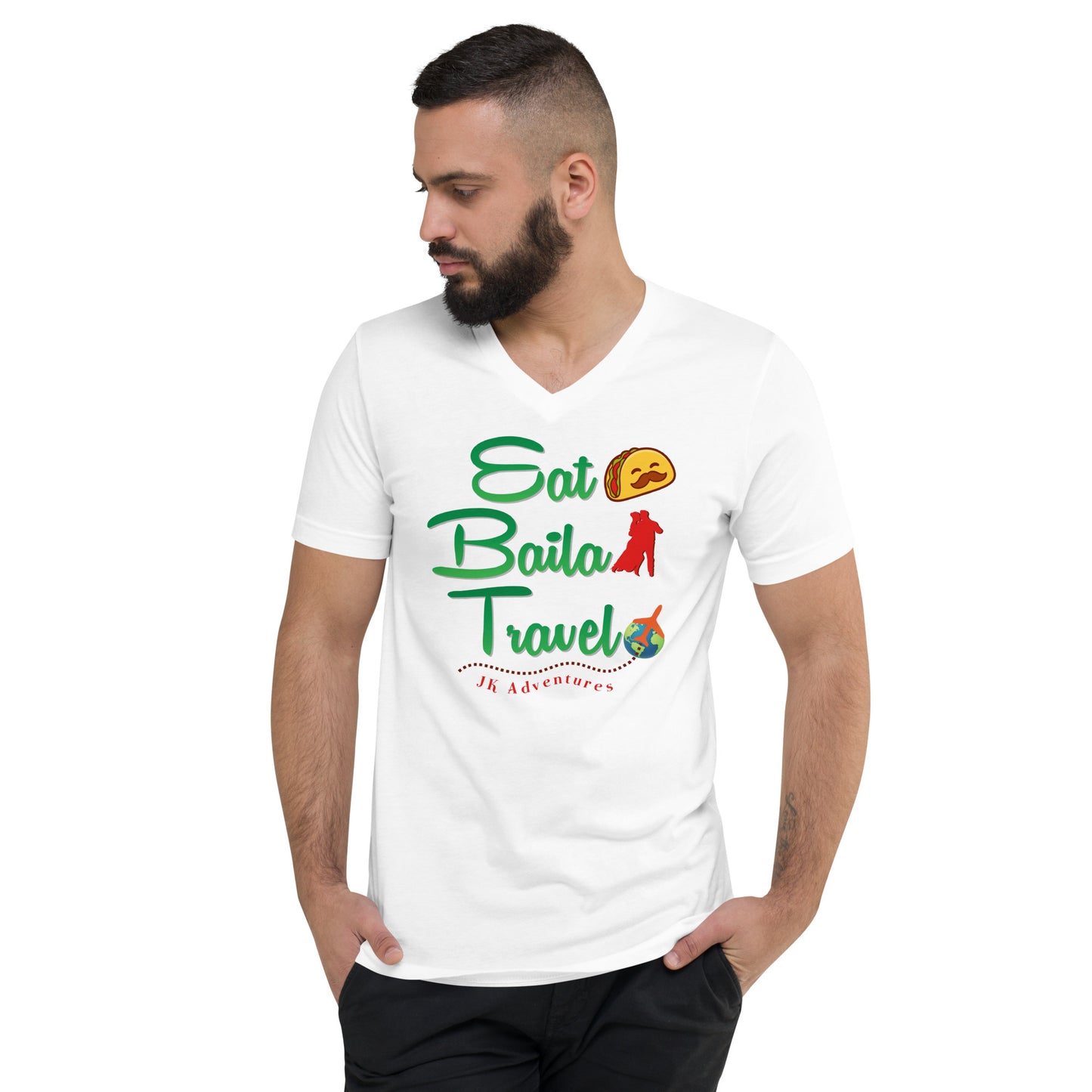 Eat Baila Travel V-Neck T-Shirt Unisex